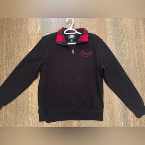 Roots Men’s Black Quarter-Zip Sweater with Red Plaid Collar Accent